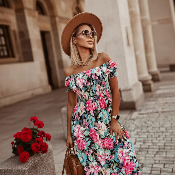 Dame maxikjole med blomster V-udskæring og svingende skirt Stilla
