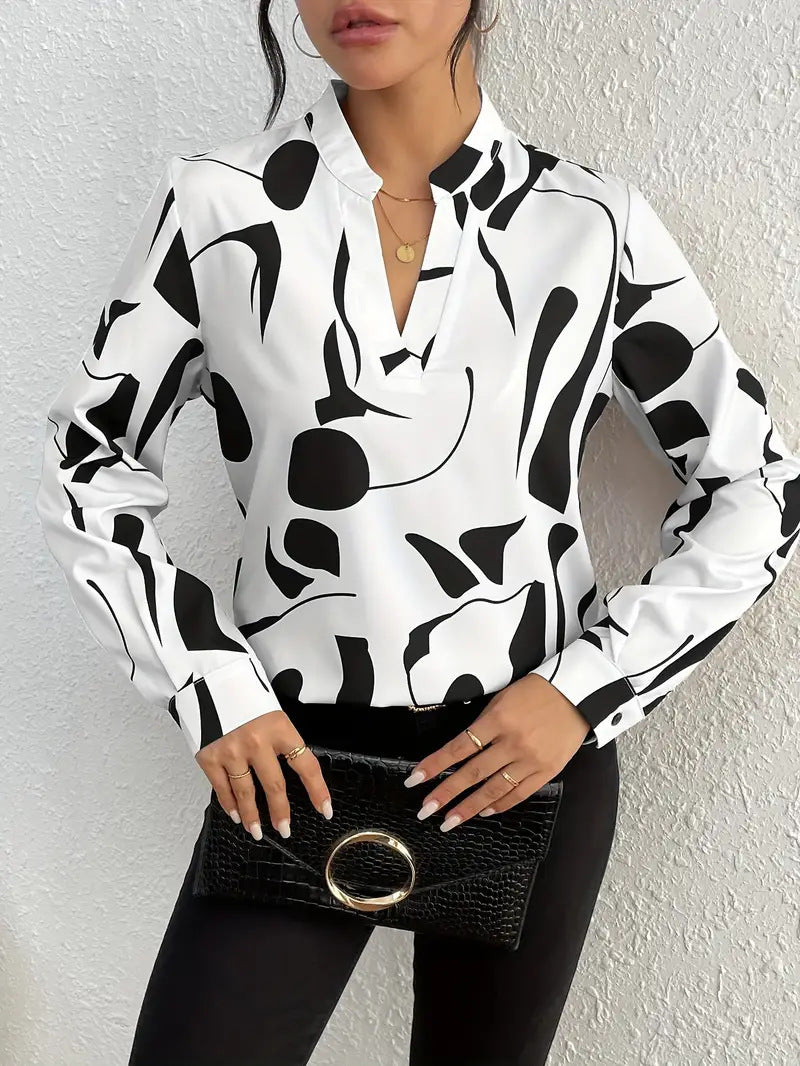 Dame Mode Bluse med grafisk design og fin stående krave Stilla