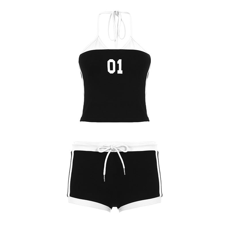 Dame sporty Crop-Top og shorts sæt med dekorerende bånd Skovae