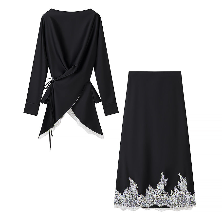 Dame elegant indviklet bluse med spidsbesætning og matchende nederdel Skovae