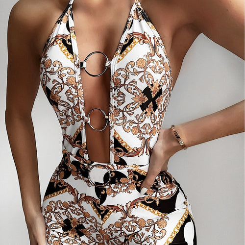 Dame fashion one-piece swimsuit with deep V-neck and ring details Skovae