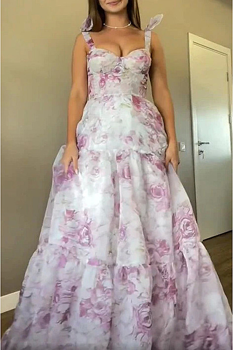 Kvinder Elegant Maxi Kjole med Blomsterdetaljer og Rynkede Stropper Skovae