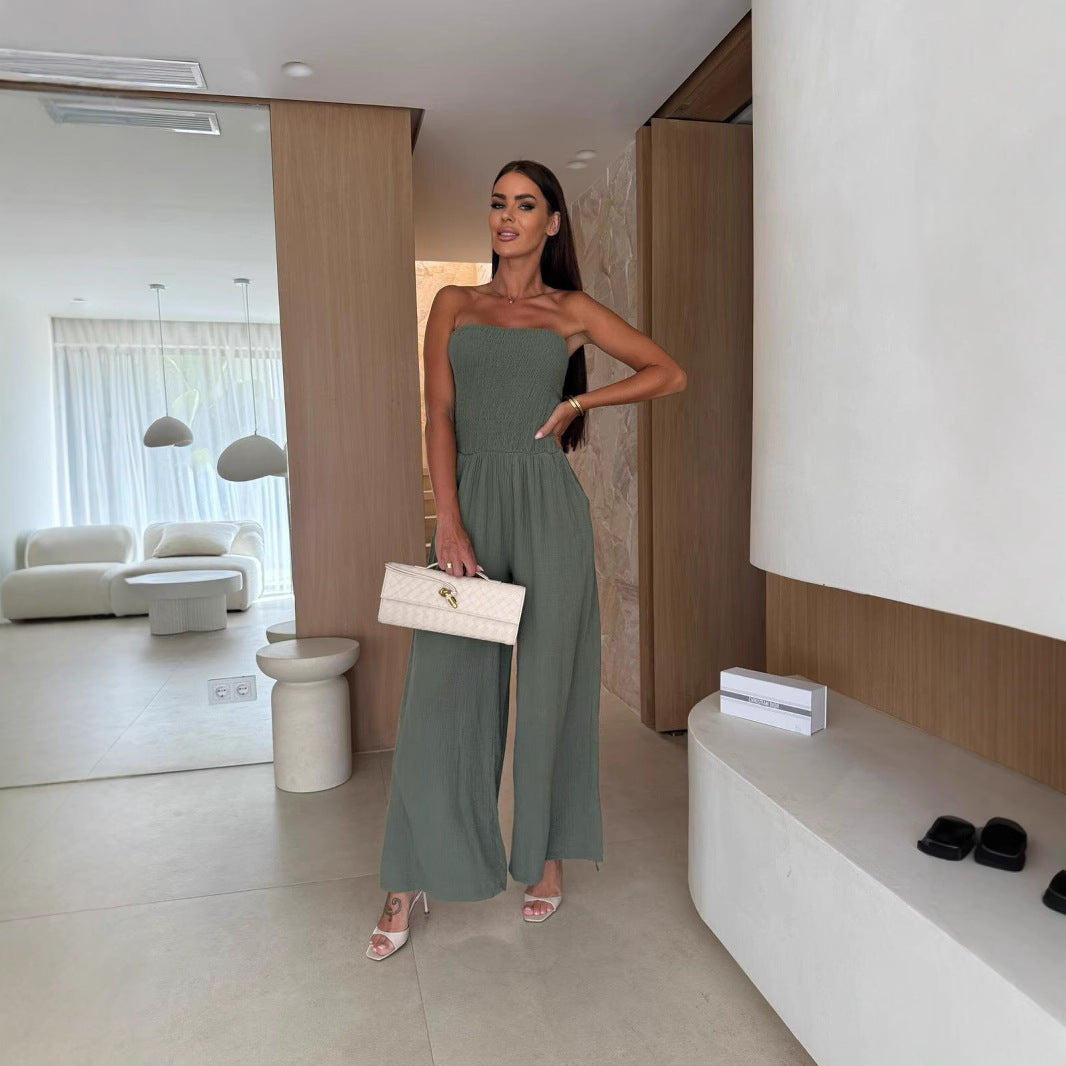 Dame Modischer Jumpsuit med skulderfri pasform og bredt ben Stilla