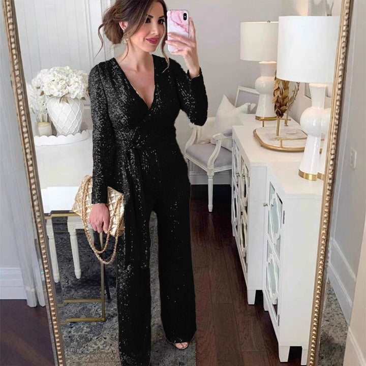 Dame Elegant Jumpsuit med V-hals og glitrende detaljer Stilla