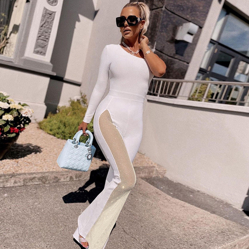 Dame luksus Sport-Jumpsuit med asymmetrisk snit og mesh-indlæg Skovae