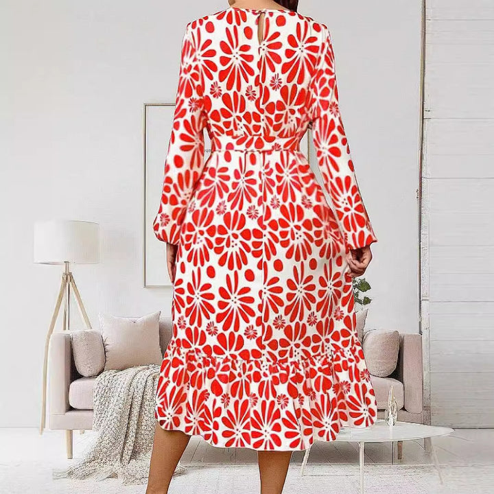Femme Floral Print Midi Kjole med Ruffle Kant Stilla