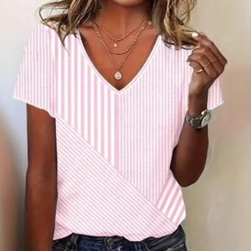 Dame nan striped V-neck blouse with asymmetric stripe mix and short sleeves Skovae