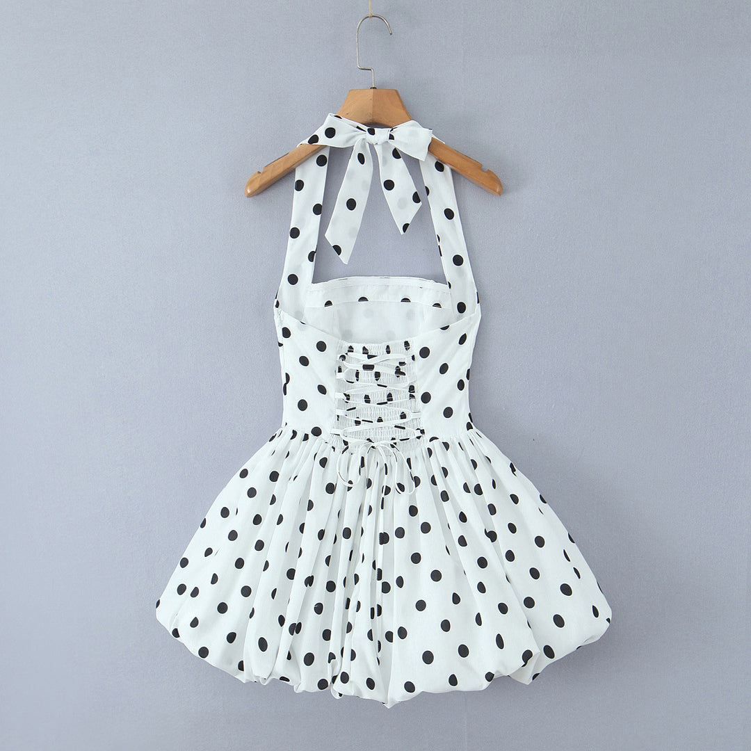 Dame A-linje sommerkjole med polka-dots og flæser Stilla