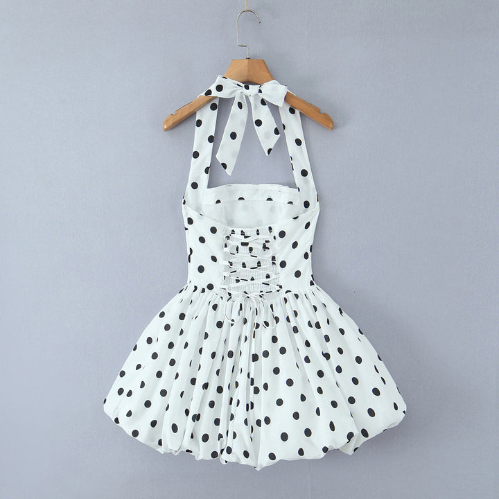 Dame A-linje sommerkjole med polka-dots og flæser Stilla