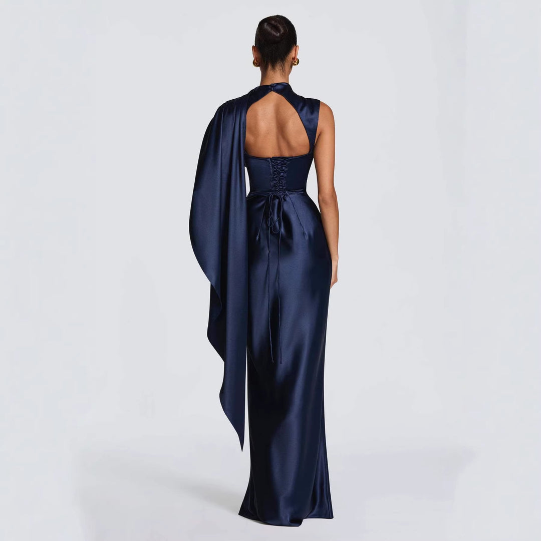Dame elegante maxi kjoler med asymmetrisk top og flydende satin