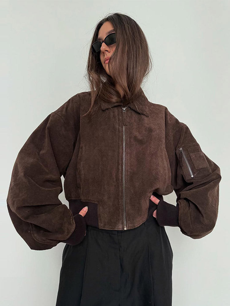 Dame Oversized Suede Jakke med Polstrede Ærmer Stilla