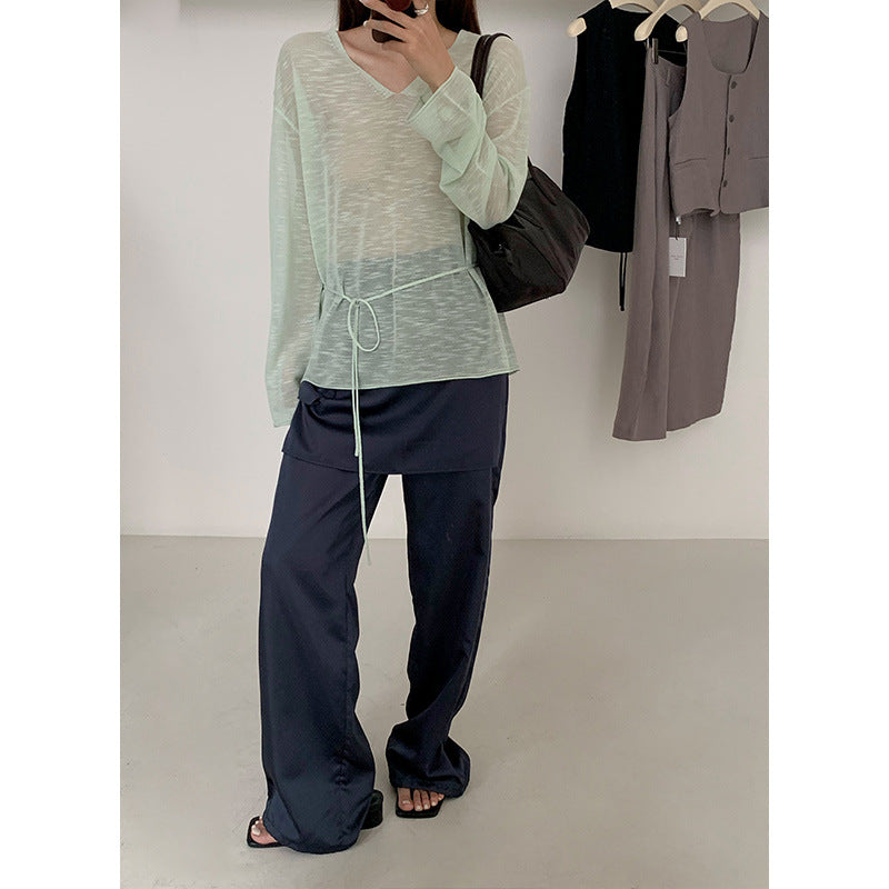 Dame afslappet sweater med moderne V-udskæring og justerbar snoretræk Stilla