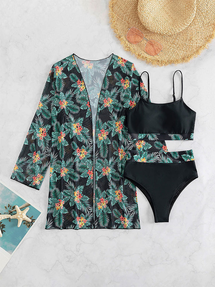 Dame bikini sæt med blomstret højtaljet trusse og matchende kimono Skovae