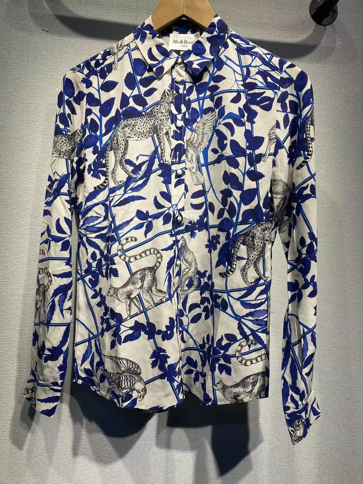 Dame skjorte med kreativt dyre- og plante mønster Stilla