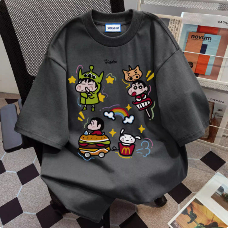 Dame T-shirt med kunstnerisk cartoon-tryk Stilla