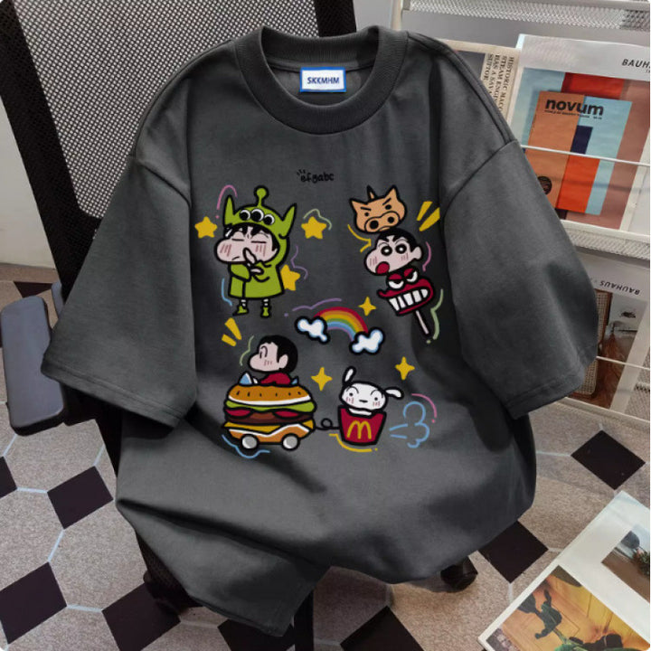 Dame T-shirt med kunstnerisk cartoon-tryk Stilla
