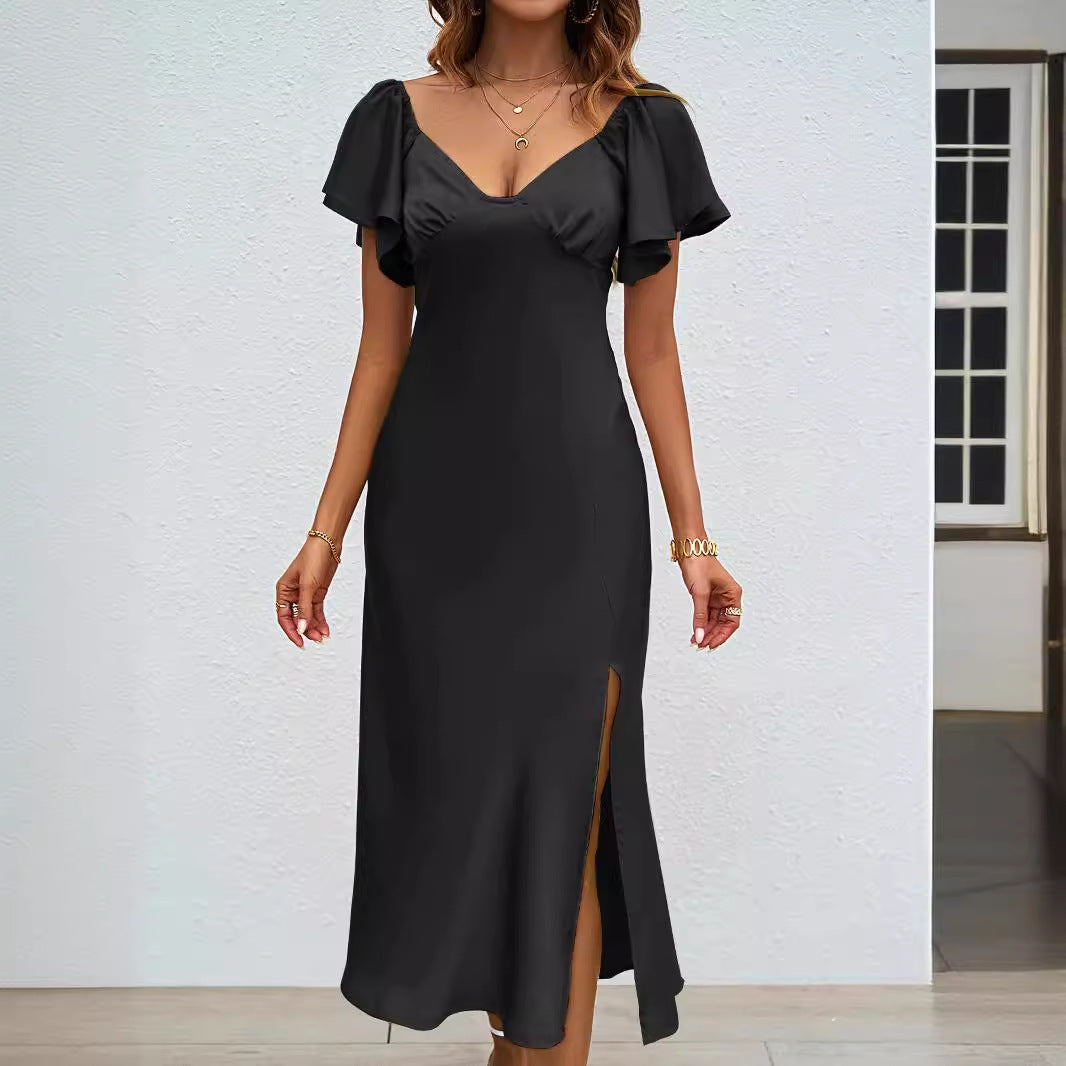 Dame maxikjole med elegante puffærmer og sidelæg Stilla