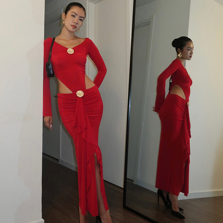 Damen eleganter Wickelrock mit glanzvollem Knopfdetail Skovae