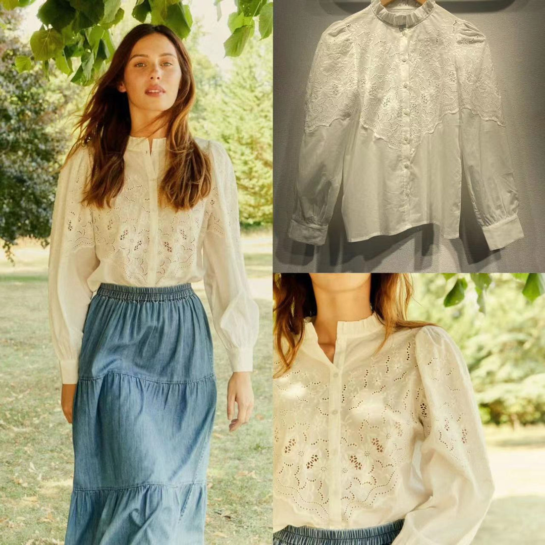 Damebluse med detaljeret hulbroderi og elegante puffærmer Stilla