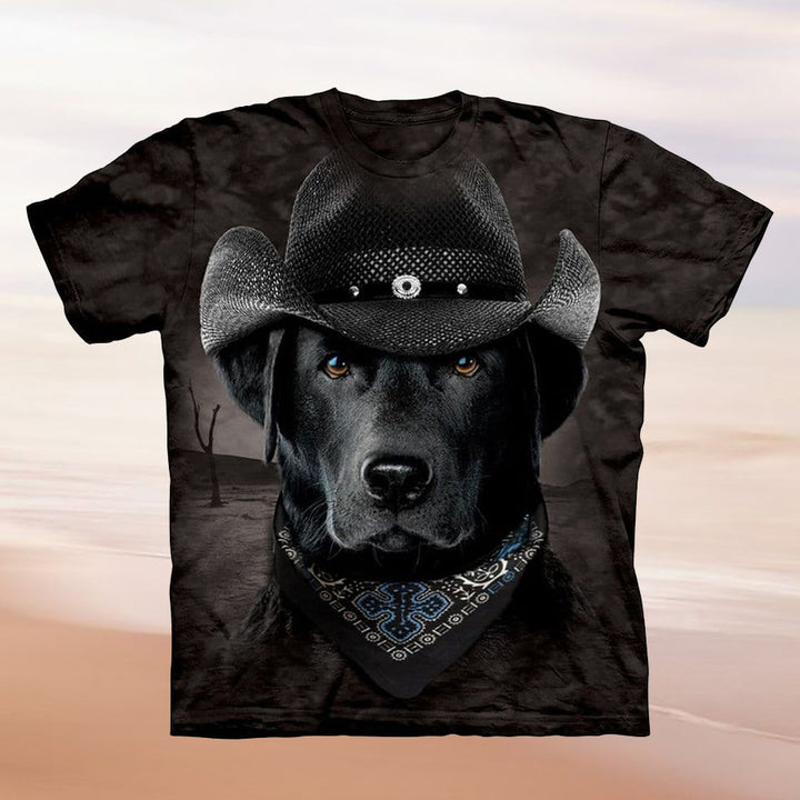 Kvinders T-Shirt med kreativt hundemotiv og cowboyhat-design Stilla