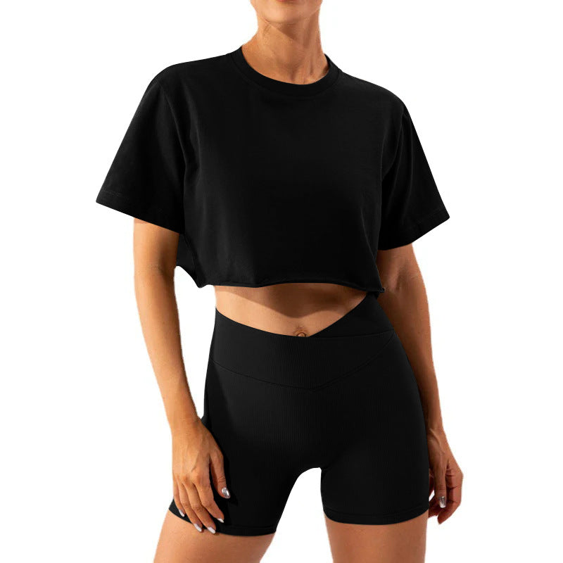 Dame sporty cropped T-shirt og shorts sæt med høj talje Stilla