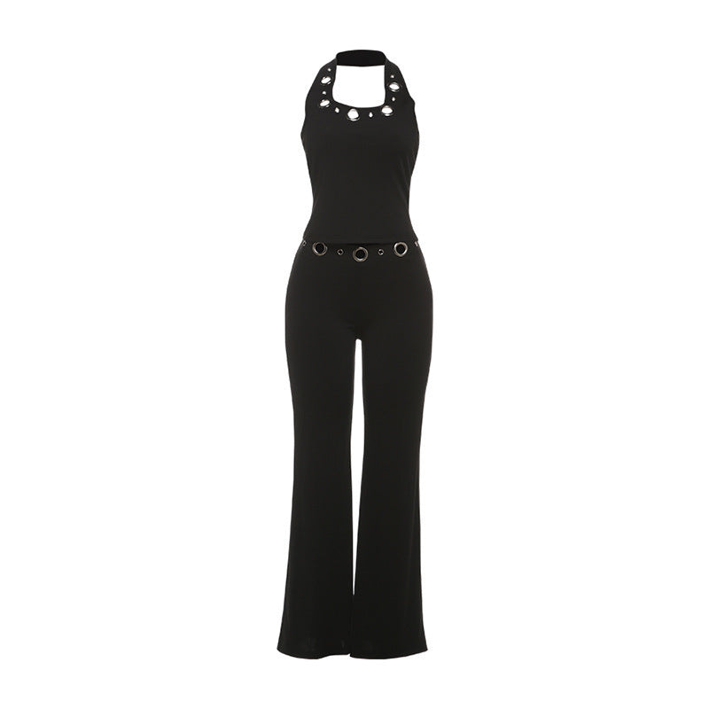 Damen Modischer Jumpsuit mit dekorativem Halterkragen und Gürteldetails Skovae