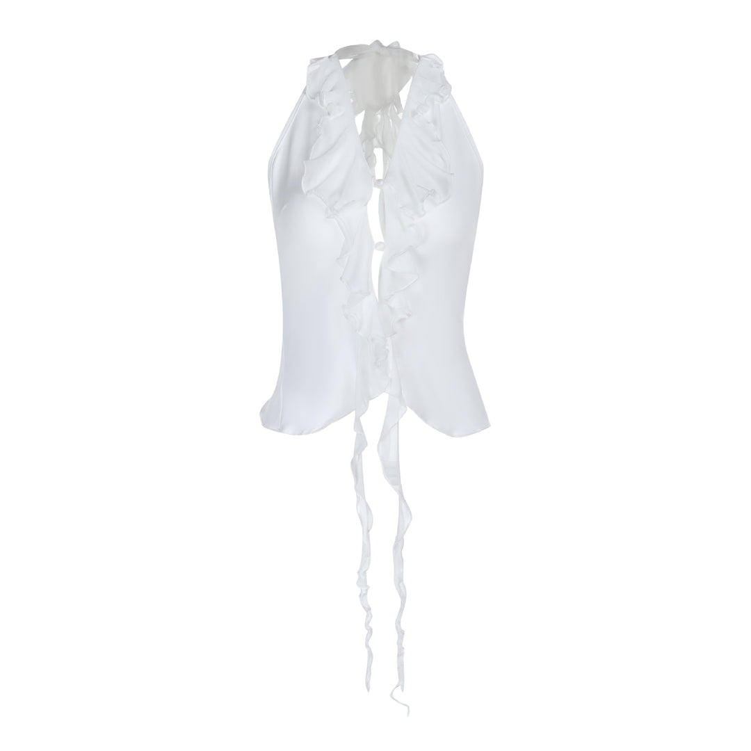 Dame elegant rynket top med dyb V-udskæring og fin satin Skovae