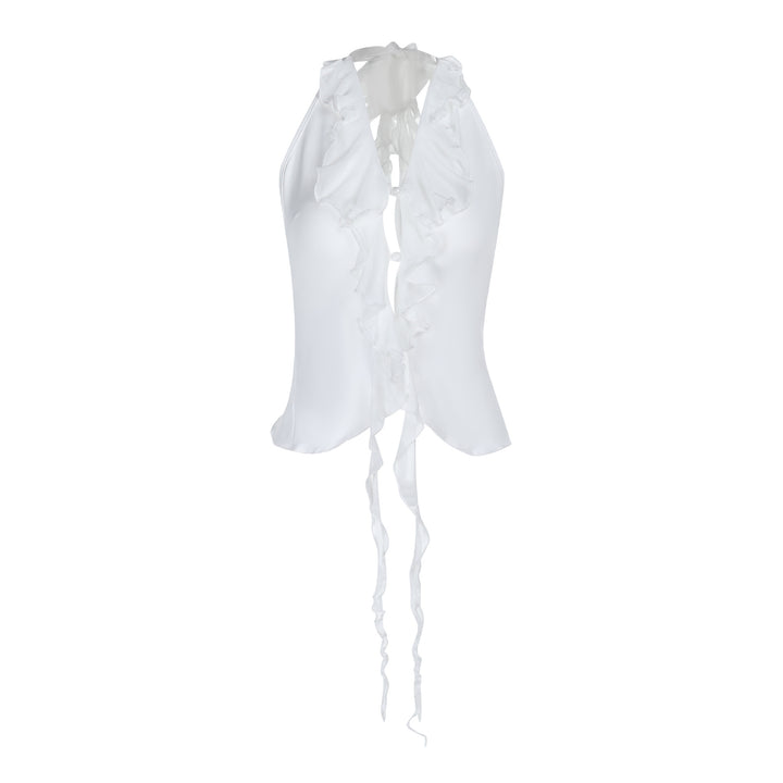 Dame elegant rynket top med dyb V-udskæring og fin satin Skovae