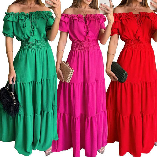 Dame Off-Shoulder Maxikjole med Rüsch og elastisk talje Stilla