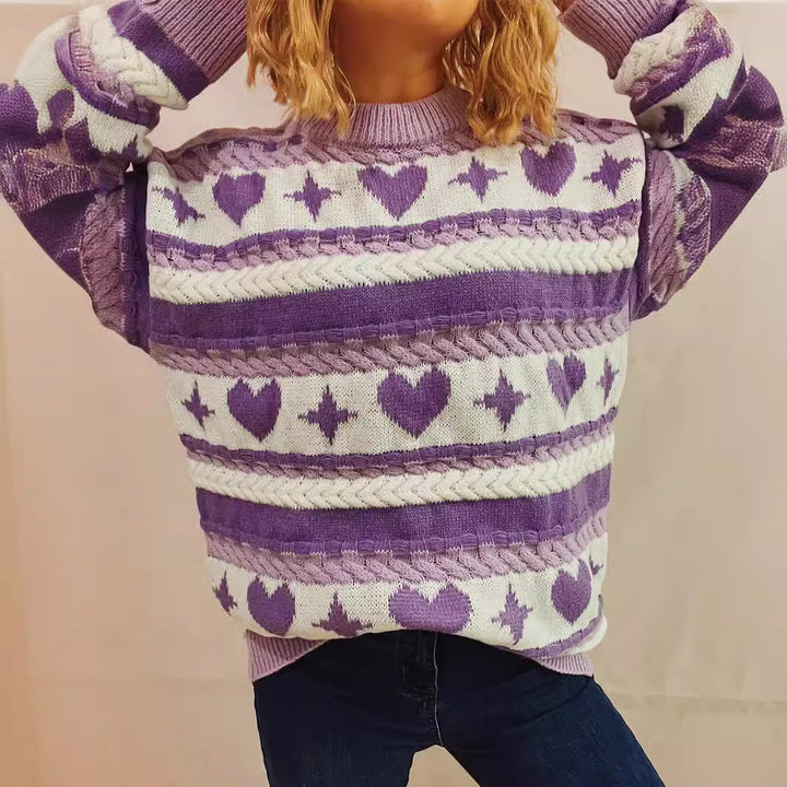 Kvindernes chunky strikkede sweater med hjerteformet mønster og brede striber Stilla