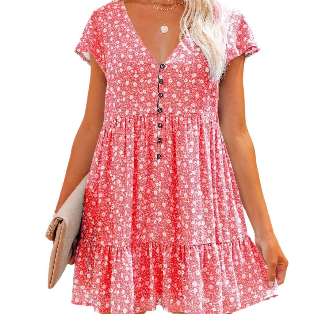Dame blomsterprint knap-ned mini kjole Stilla