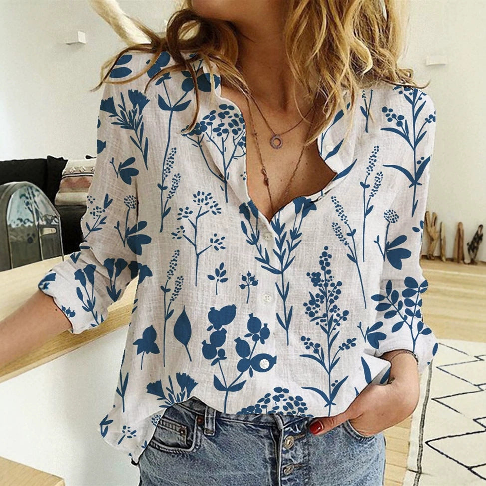 Dame nan loose linen look blouse med V-hals botanisk alloverprint og trekvartærmer Skovae