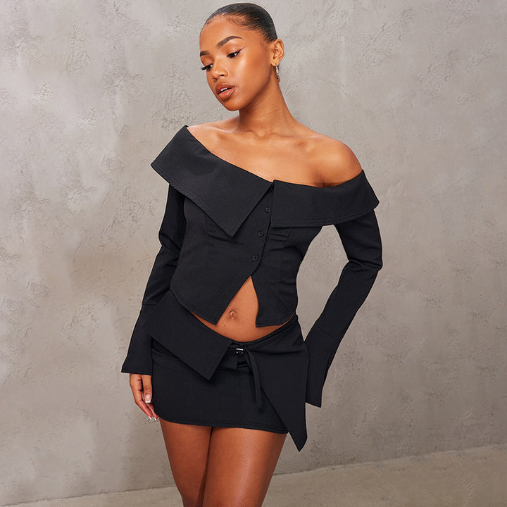 Dame Off-Shoulder Top og Dinnerrock Sæt med asymmetrisk Design og Knapdetaljer Stilla