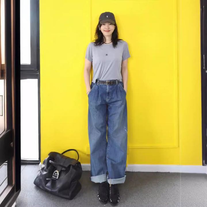 Dame bredskårne jeans med høj talje og elegante folder Stilla