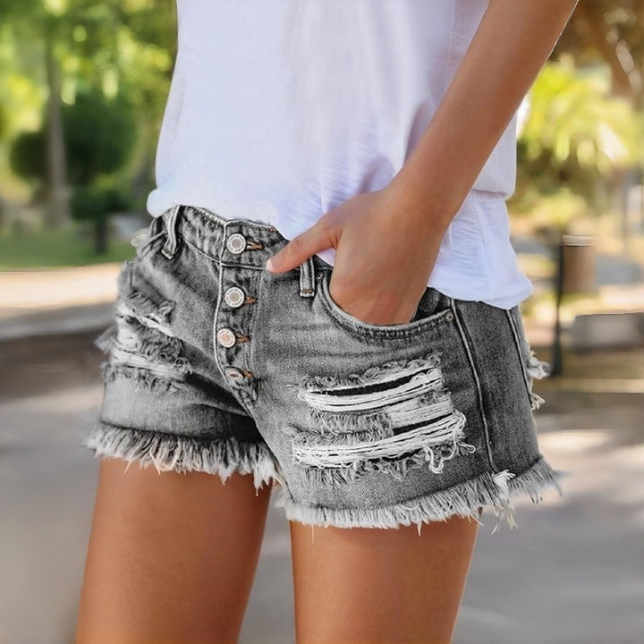 Dame Jeans-Shorts med frynser og destroyed-effekter Skovae