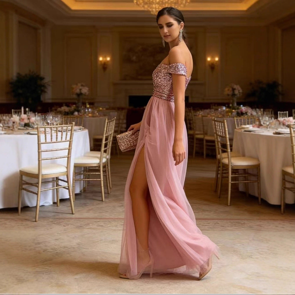 Ladies Elegant Evening Dress with Strapless Design and Sparkling Appliqués