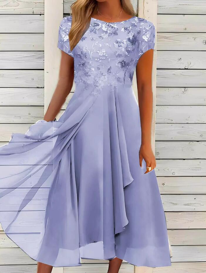 Dame nan flydende chiffon-midi kjole med blomsterbroderet overdel og asymmetrisk lagdelt nederdel Skovae