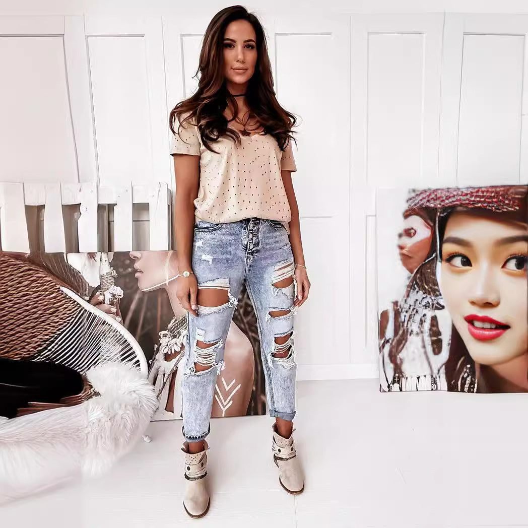 Dame Boyfriend-jeans med ødelagte detaljer og høj komfortlinning Stilla
