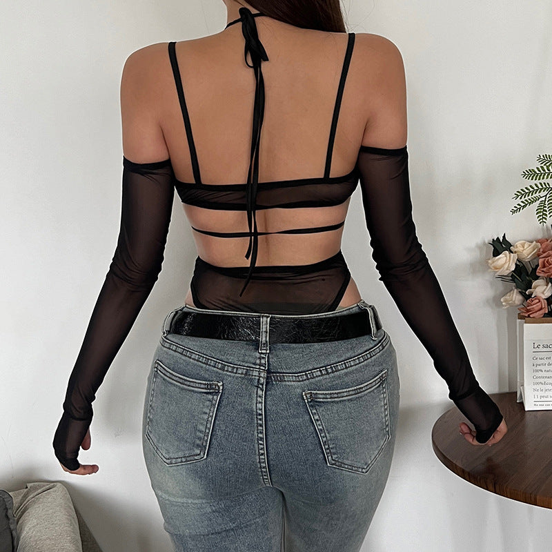 Dame one-piece bodysuit med elegant spidsdekoration og transparent udseende Skovae