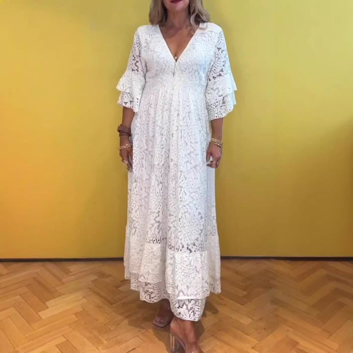 Dame nan Boho-spids-maxikjole med V-udskæring, underbust-syning og lagdelt flæseærmer Skovae