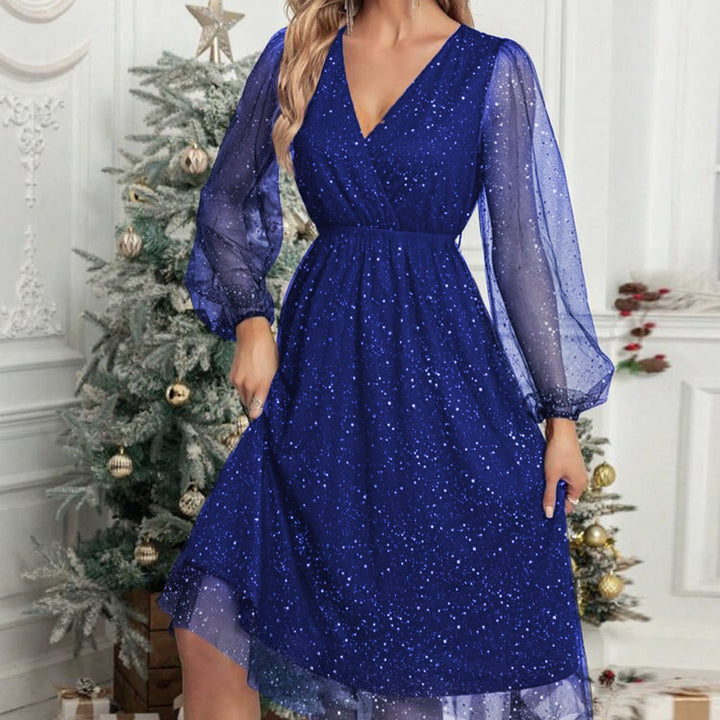 Dame Elegant Midikjole med glitrende overdel og transparente ærmer Stilla