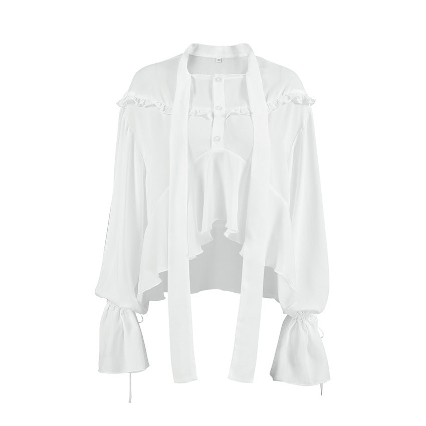 Dame Let Chiffonbluse med Flæsedetaljer og Legesyge Bånd Stilla