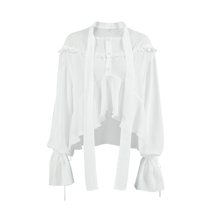Dame Let Chiffonbluse med Flæsedetaljer og Legesyge Bånd Stilla