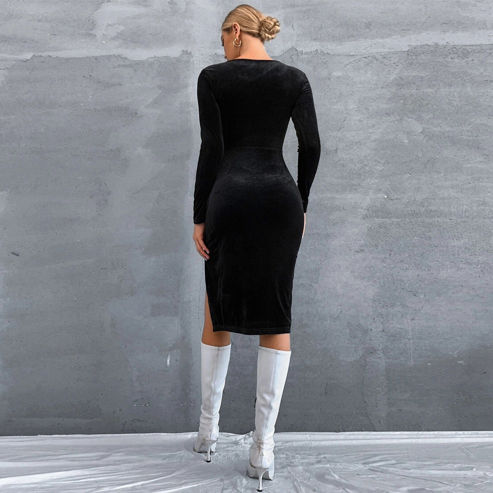 Stilla | Elegant Firkantet Hals Langærmet Fløjls Bodycon Kjole