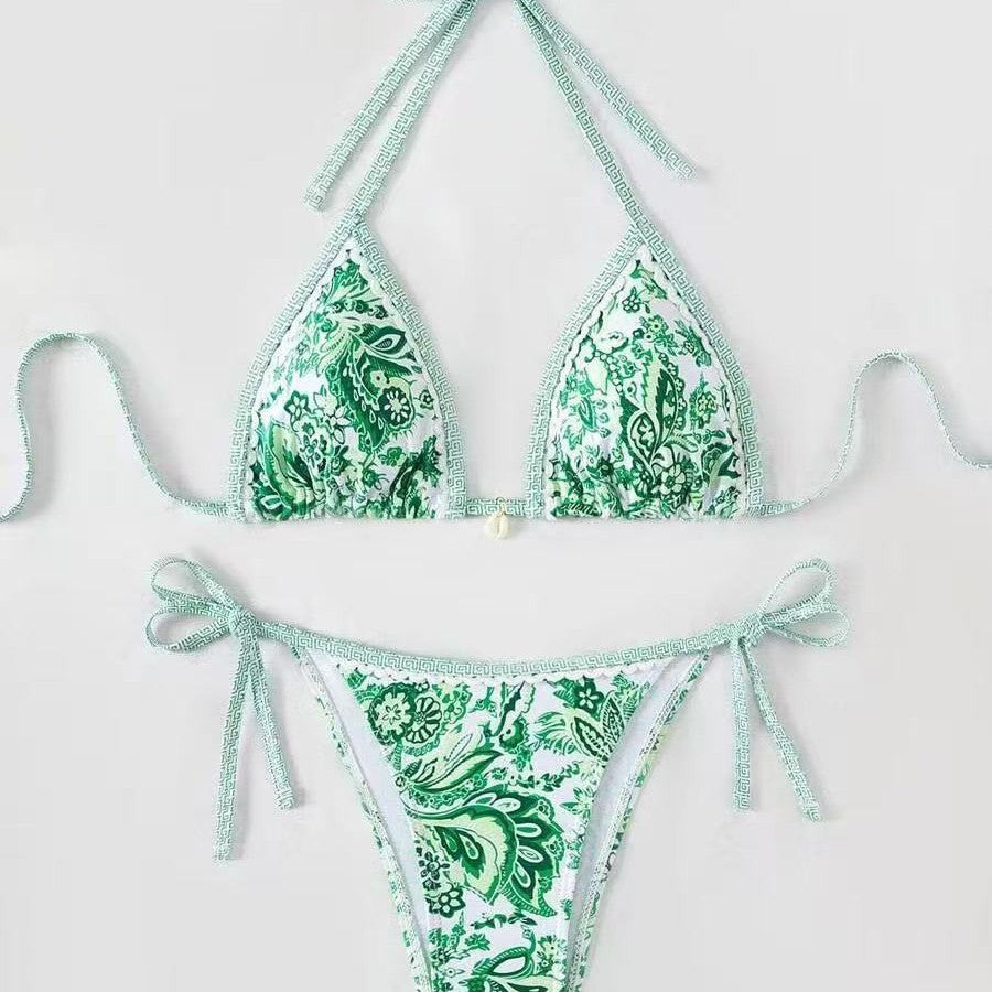 Dame triangelbikini med blomstermønster og justerbare bindebånd Skovae