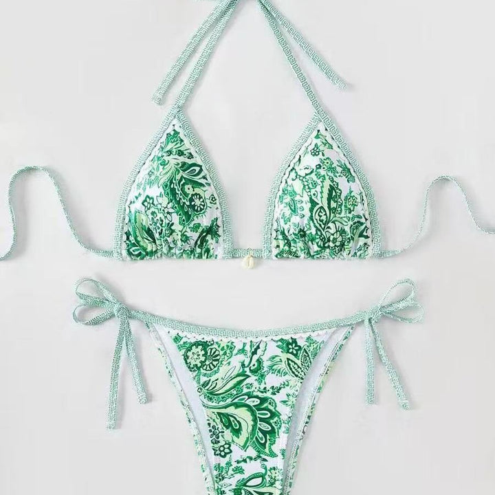 Dame triangelbikini med blomstermønster og justerbare bindebånd Skovae
