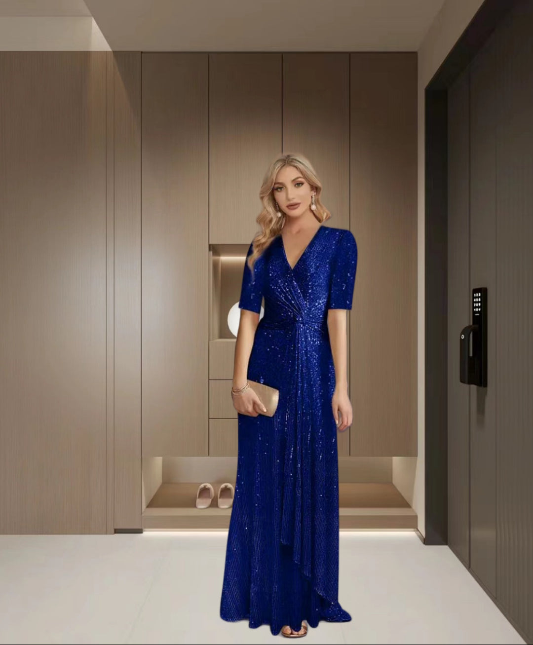 Dame Glitrende Aftenkjole med elegant Indpakningsdesign og lyse Accenter Stilla