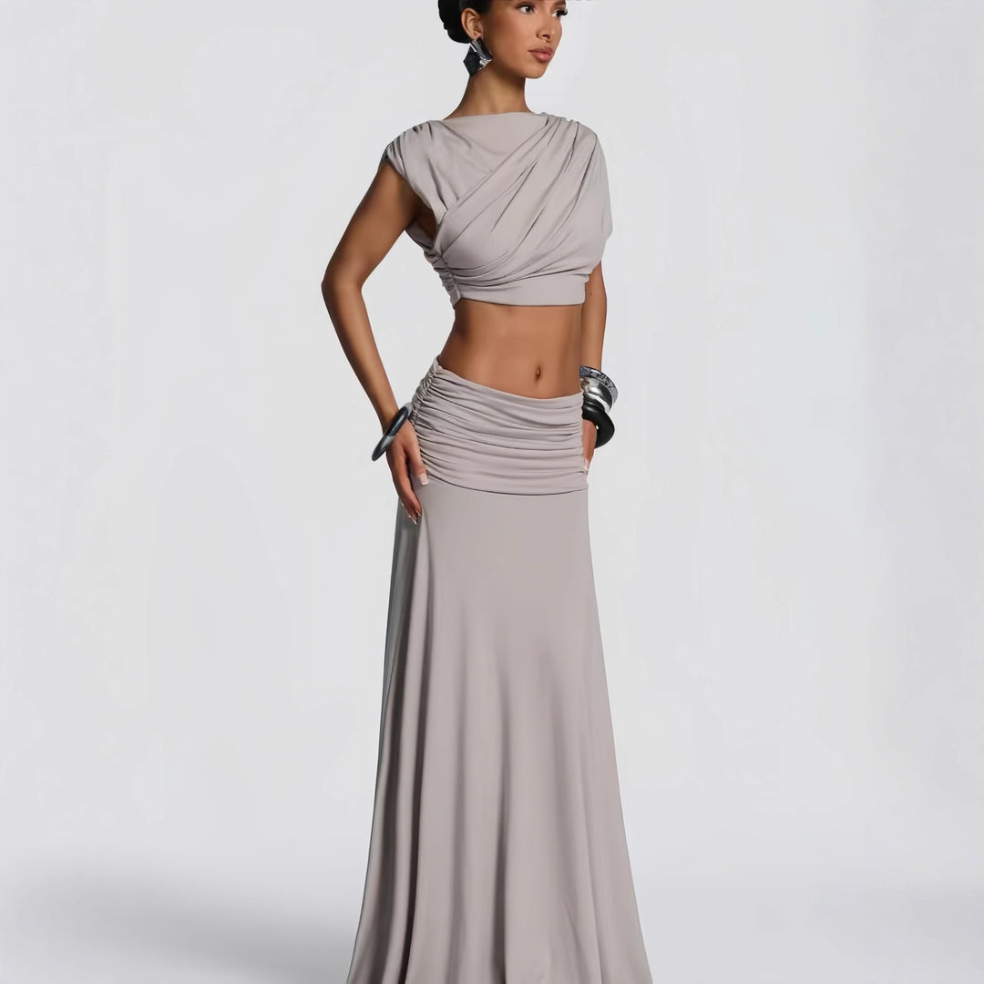 Dame Elegant Wrap Kjole med Draperet Top og Flydende Nederdel Skovae