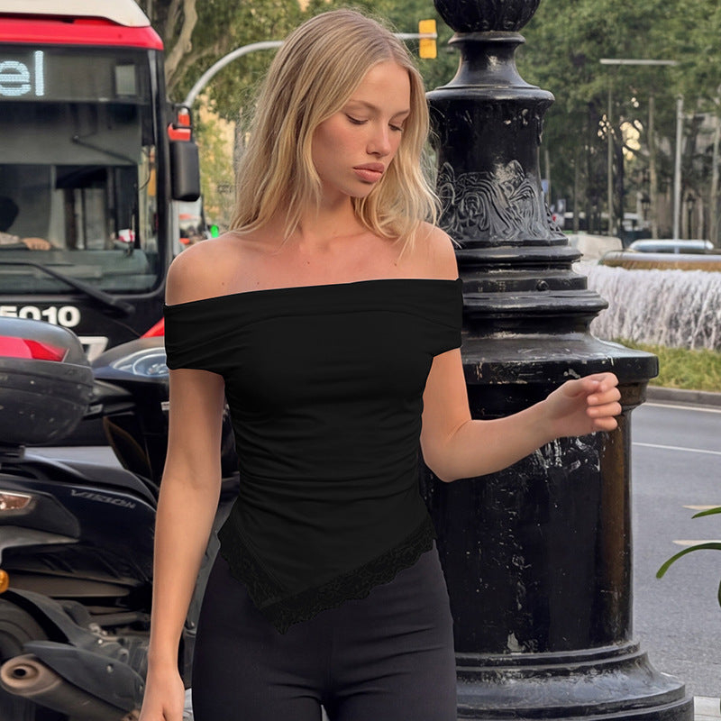 Damen Off-Shoulder Oberteil mit filigranem Spitzendetail und lässigem Schnitt Skovae