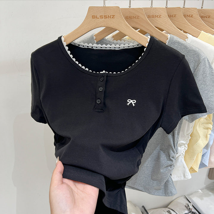 Dame Casual Kortærmet Henley Top med dekorativt Spidsbesætning Stilla